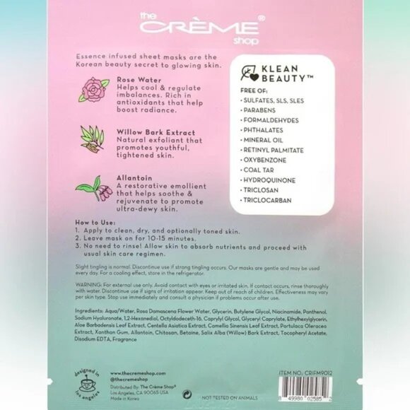 The Crème Shop Rose Water Klean Beauty Essence Sheet Mask NIB - Picture 2 of 2
